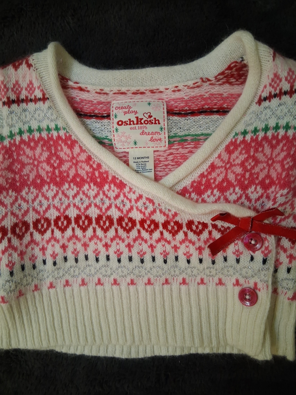 OshKosh B'gosh Cream & Pink Fair Isle Cardigan with Ribbon